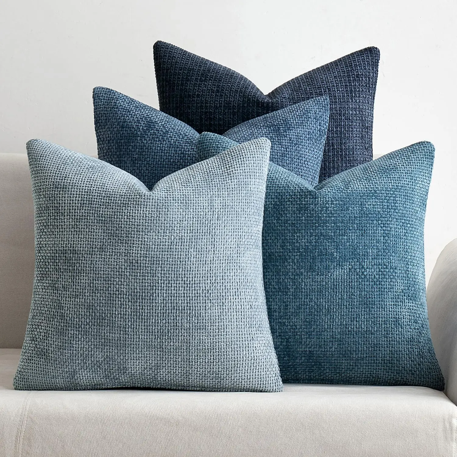 Pack of 4 Couch Throw Pillow Covers 18x18 Inch Neutral Blue Soft Decorative Chenille Pillow Covers Farmhouse Accent Cushion Covers for Boho Western Spring Coastal Decor Sofa Bed Living Room