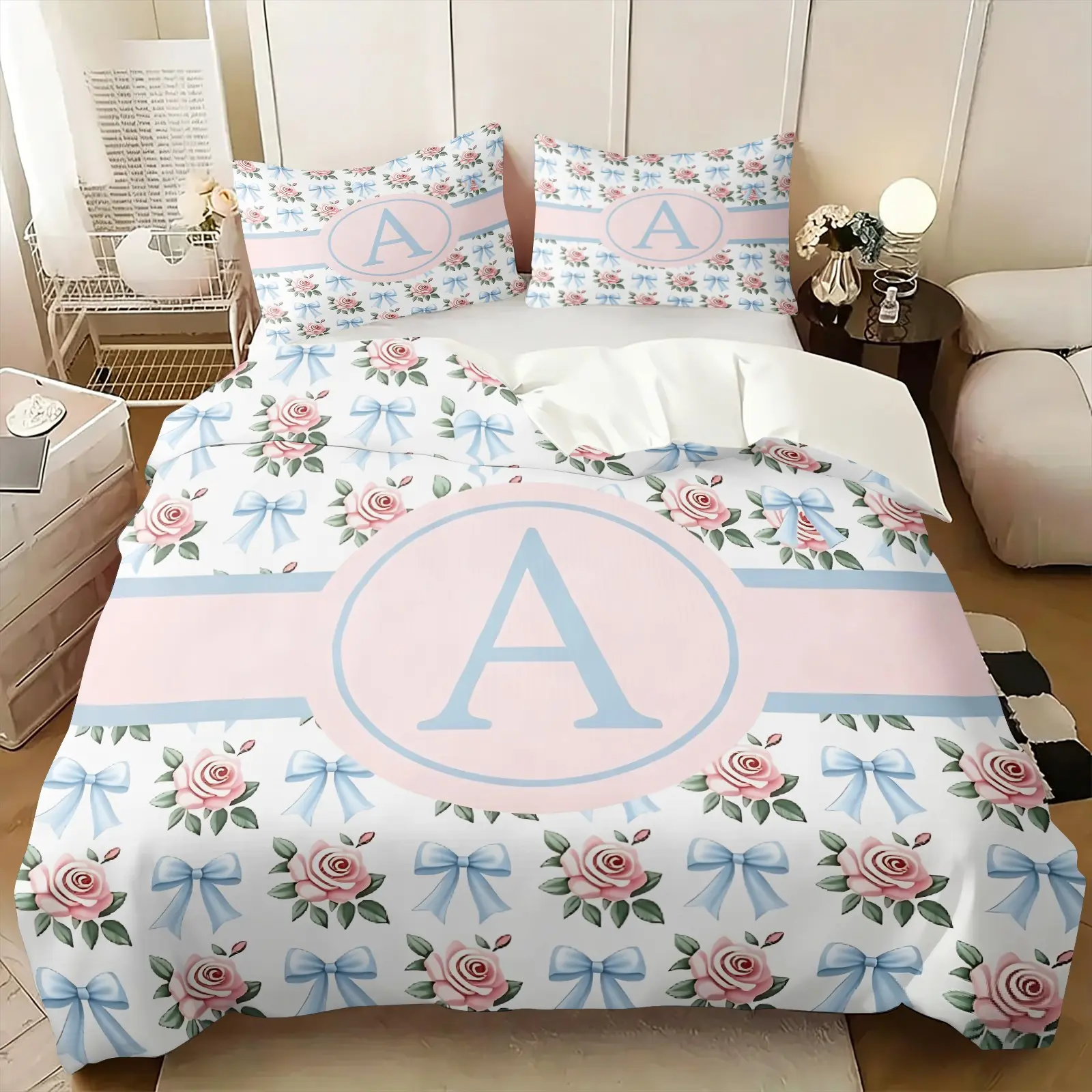 2/3Pcs Personalized Initial A Duvet Cover Set, Pink Rose Blue Bow Comforter Cover, Coquette Floral Bedding Set for Girls Bedroom, No Filler, Soft Microfiber Bedding for Teen Girls Bedroom Dorm, Great Gift for Letter Bow Lovers