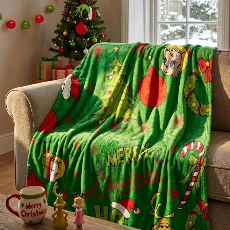 Holiday Cartoon Fleece Blanket, Whimsical Christmas Tree & Max Dog, Soft Flannel for Kids Bedroom, Festive Xmas Gift