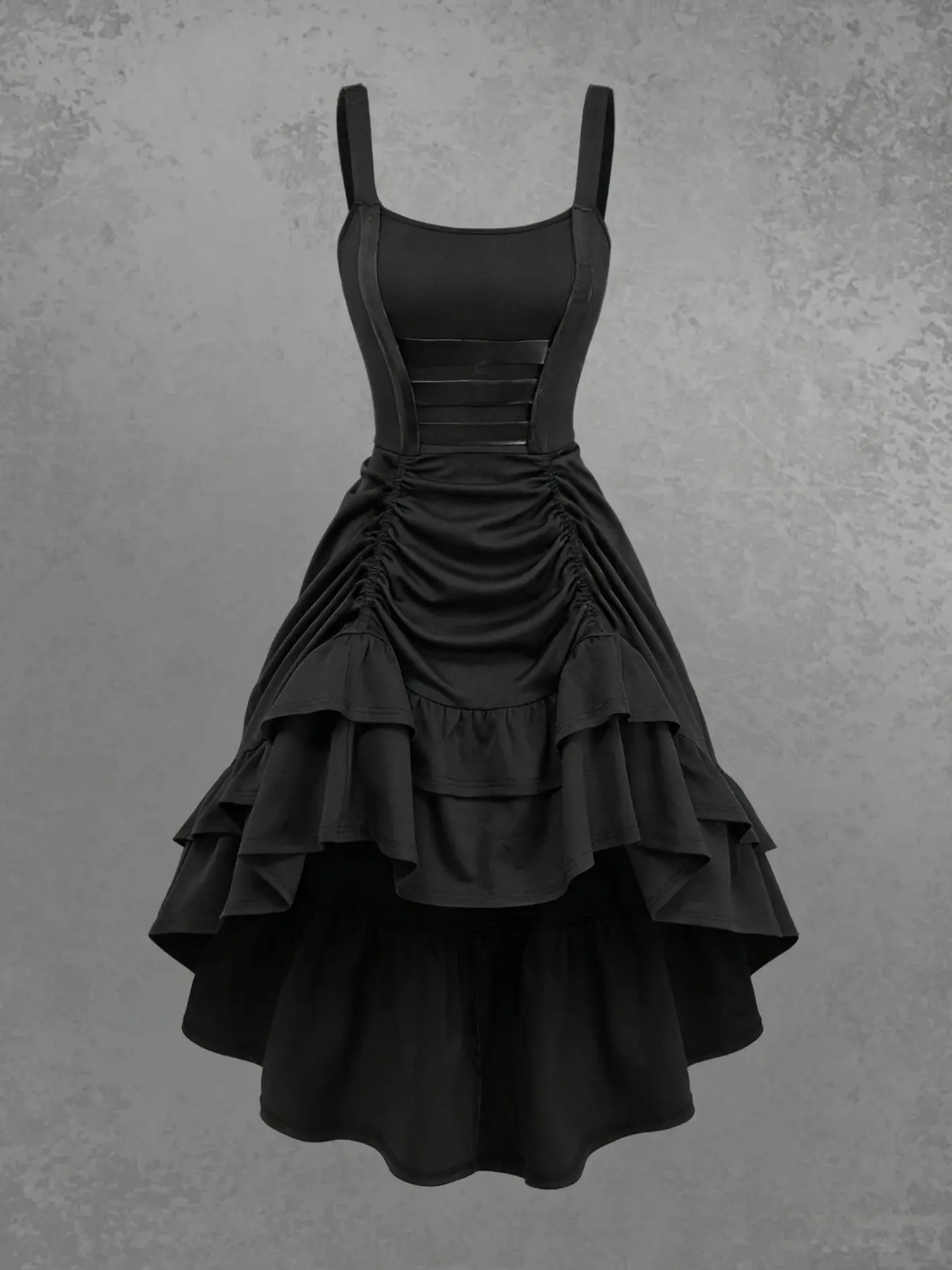 Dark Punk Halter Dress, Asymmetric Ruffle Gothic Dress, Halloween Party Dress, Cold Dark Atmosphere, Wide Strap Square Neck Design