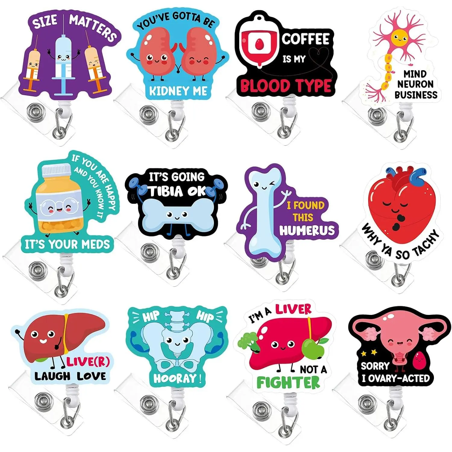 12 count Nurse Badge Reels Funny  Badge Holders Bulk Retractable Name ID Clips for Cute   Asssitants Coworker Office  Supplies