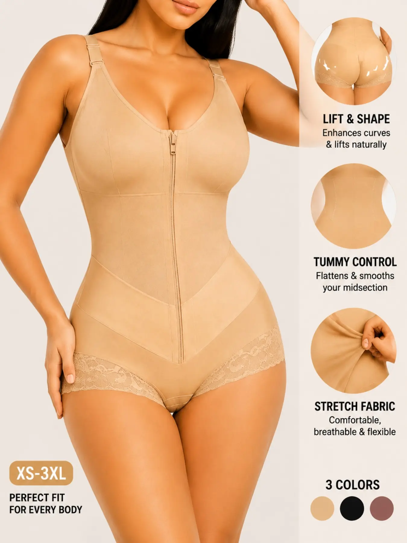 Women's Front Zipper Bodysuit, Tummy Control Waist Trainer, Butt Lifter Shapewear, V-Shape Elastic Waistband, Slimming Underwear