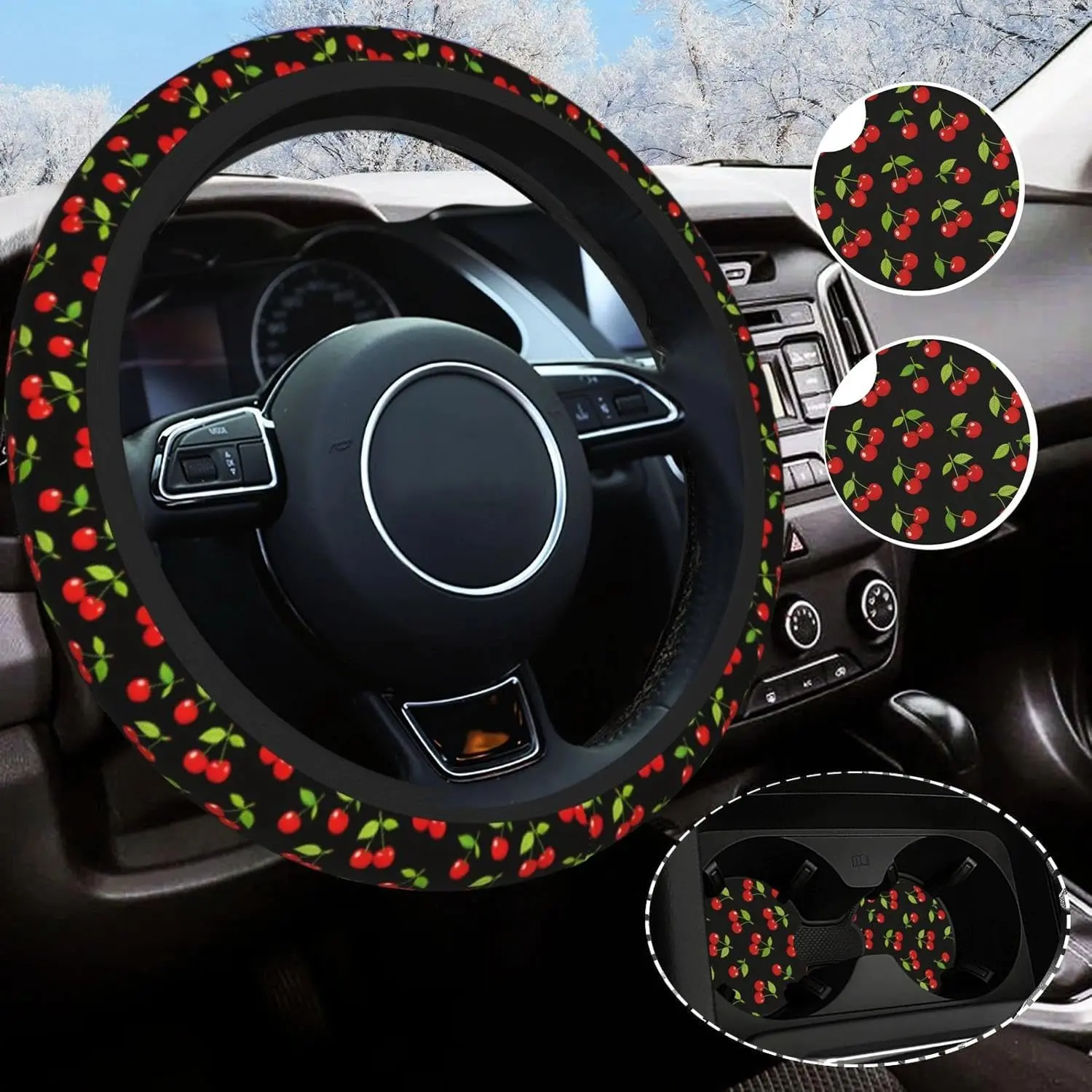 Cherry Steering Wheel Cover  14.5-15 Inch Non-Slip Cherry  Accessories for Women Men
