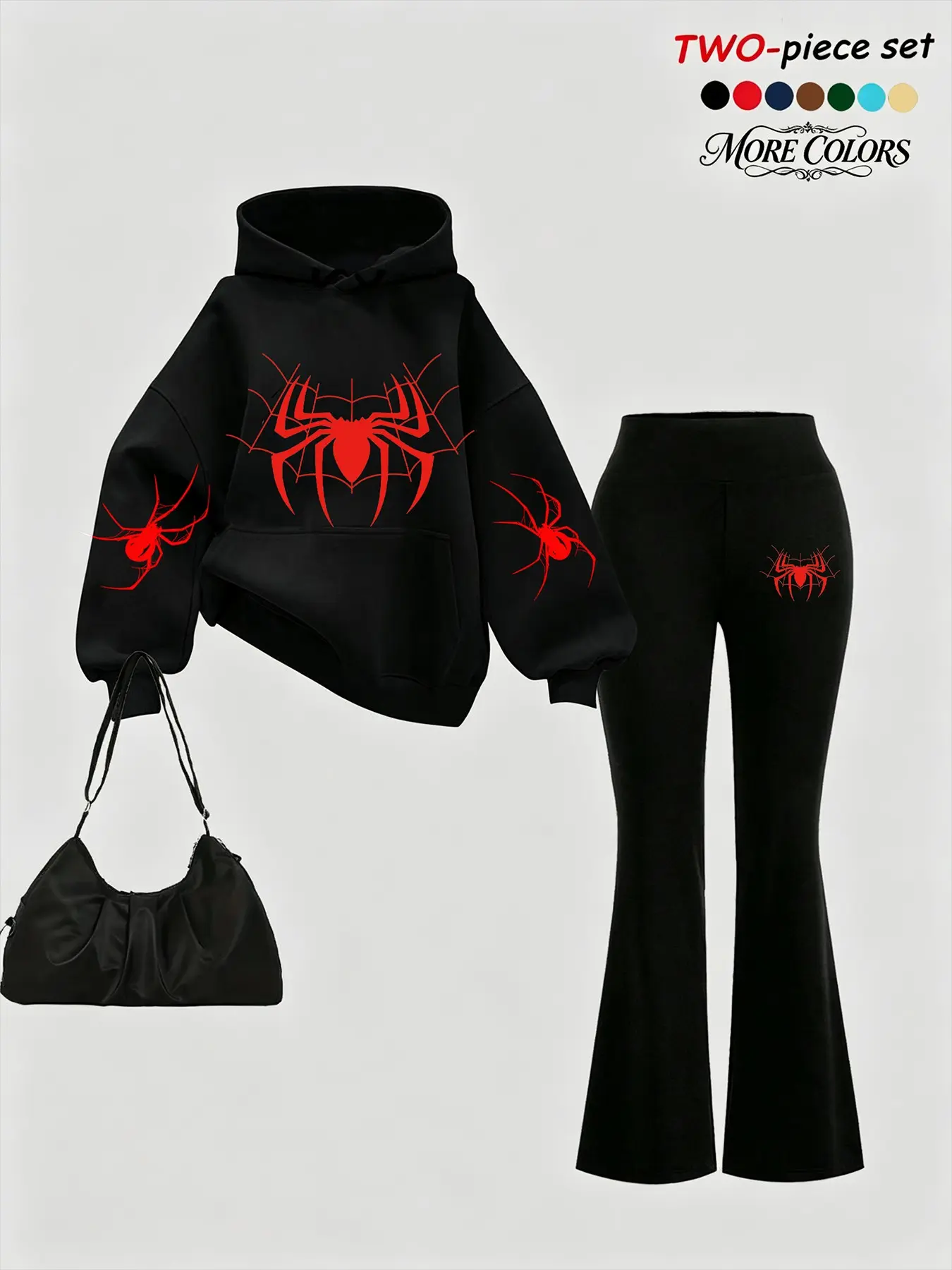 Women's Y2K Fall Winter 2-Piece Set, Hooded Sweatshirt with Drawstring, Comfortable Flared Pants, Streetwear Style, Spider Print