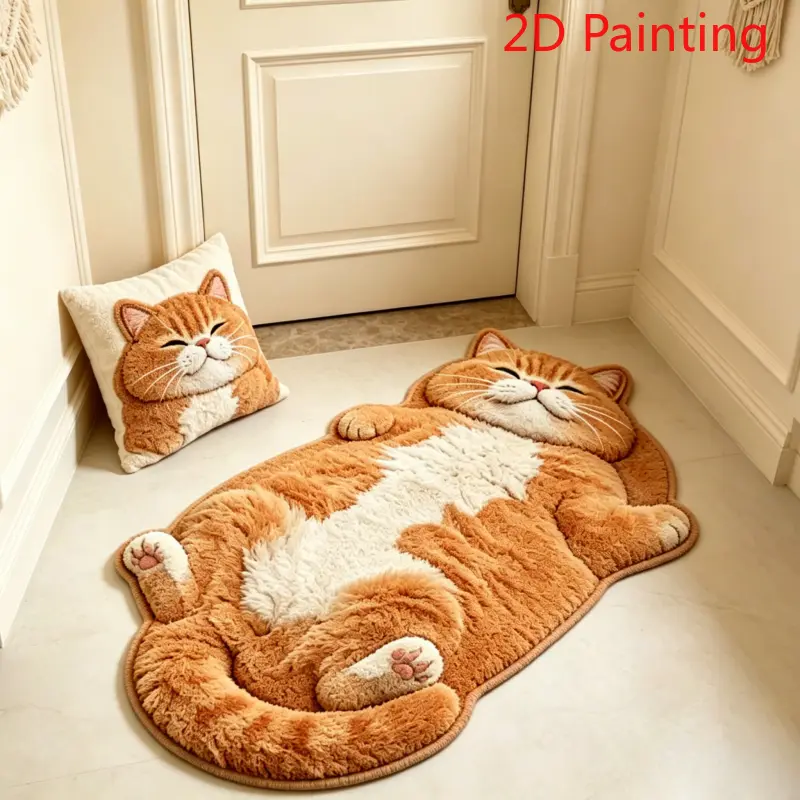 1pc [2D Flat] Gentle Cute Pet Style Reclining Fat Orange Cat Shaped Bedroom Bedside Plush Irregular Carpet Soft Cute Realistic Warm Orange Sleeping Cat Living Room Sofa Area Thickened Carpet Warm Cute Lazy Reclining Orange Cat Shaped Entrance Doorwa