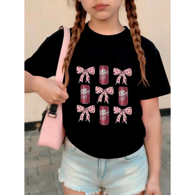 Girls' Outdoor Casual Round Neck Short Sleeve Top, Bottom Dr Pepper Soda Can Print, Leopard Bowknot Pattern, Comfortable Fit, Graphic Shirt