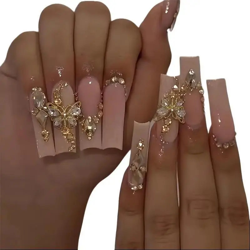 Party & Prom Must-Have! 24Pcs Champagne Glossy Press On Nails with 3D Golden Butterflies, Full Cover Rectangular False Nails, Easy Apply Reusable Nail Art