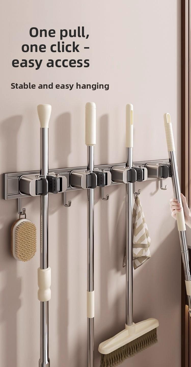 Space aluminum mop holder, no-drill multi-purpose mop hook, multifunctional wall-mounted bathroom broom storage rack