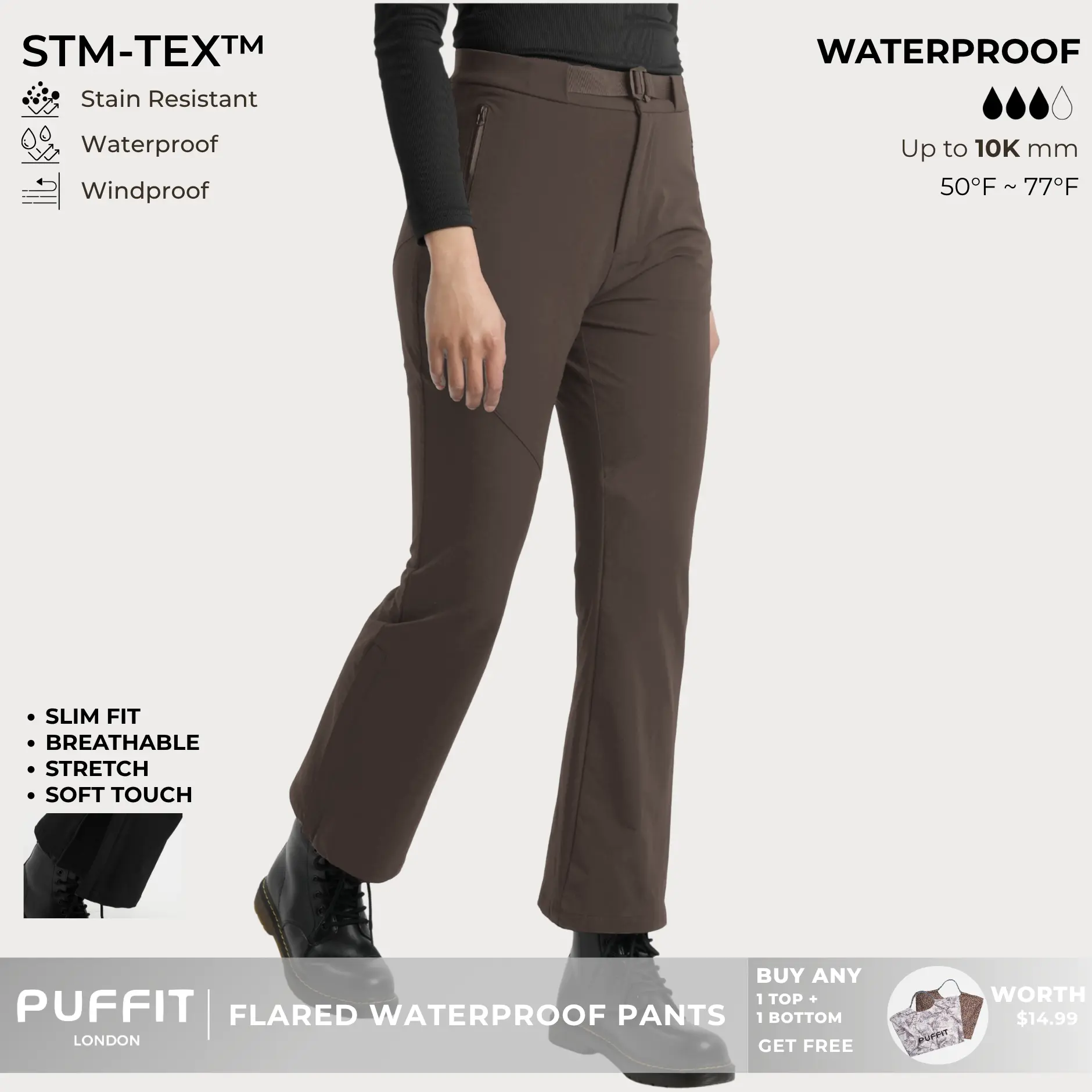 PUFFIT STM-TEX Slim Fit Flared Waterproof Pants With Adjustable Belt, Super stretch, Walk & Outdoor Ready,Comfort Fit,Hiking,Casual Fitted Style