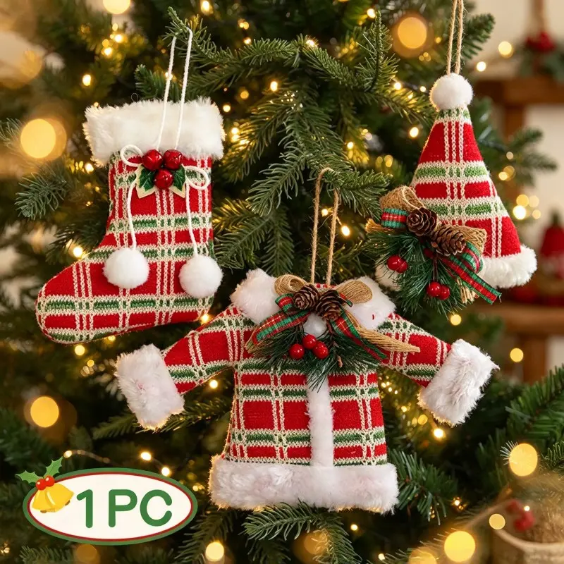 1 Pc Retro Plush Knit Christmas Ornament Set | Mini Stocking / Santa Coat / Xmas Hat Plaid Hanging Decor, Classic Red & Green Farmhouse Rustic Tree Accent, Cozy Cottagecore Holiday Tree Decor, Decor Ornaments