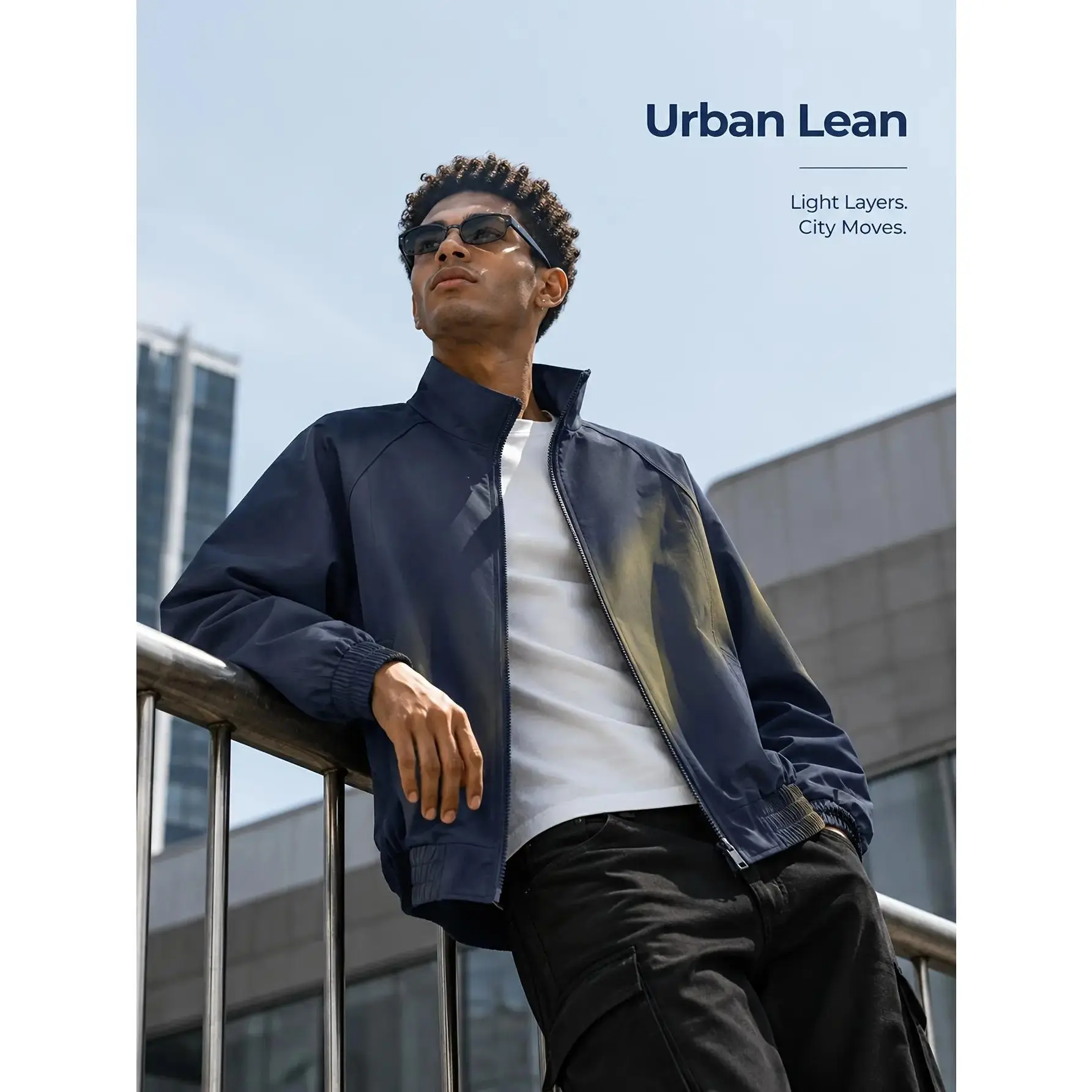 Veiskor-Men’s turn-down collar flight jacket with dual zippers, stretchy fabric, loose fit, wrinkle-resistant woven material, lightweight and thin, minimalist design-ideal for commuting, casual wear, city street style, and everyday outings, comfortable.