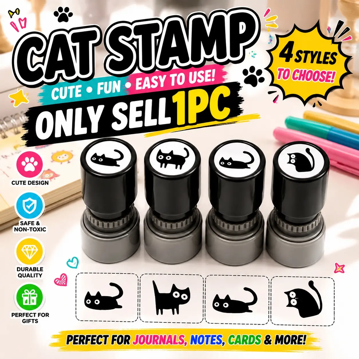 1 pc Cat Pattern Stamp Round Self-Inking Stamp Office Stationery and School Dormitory Household Supplies