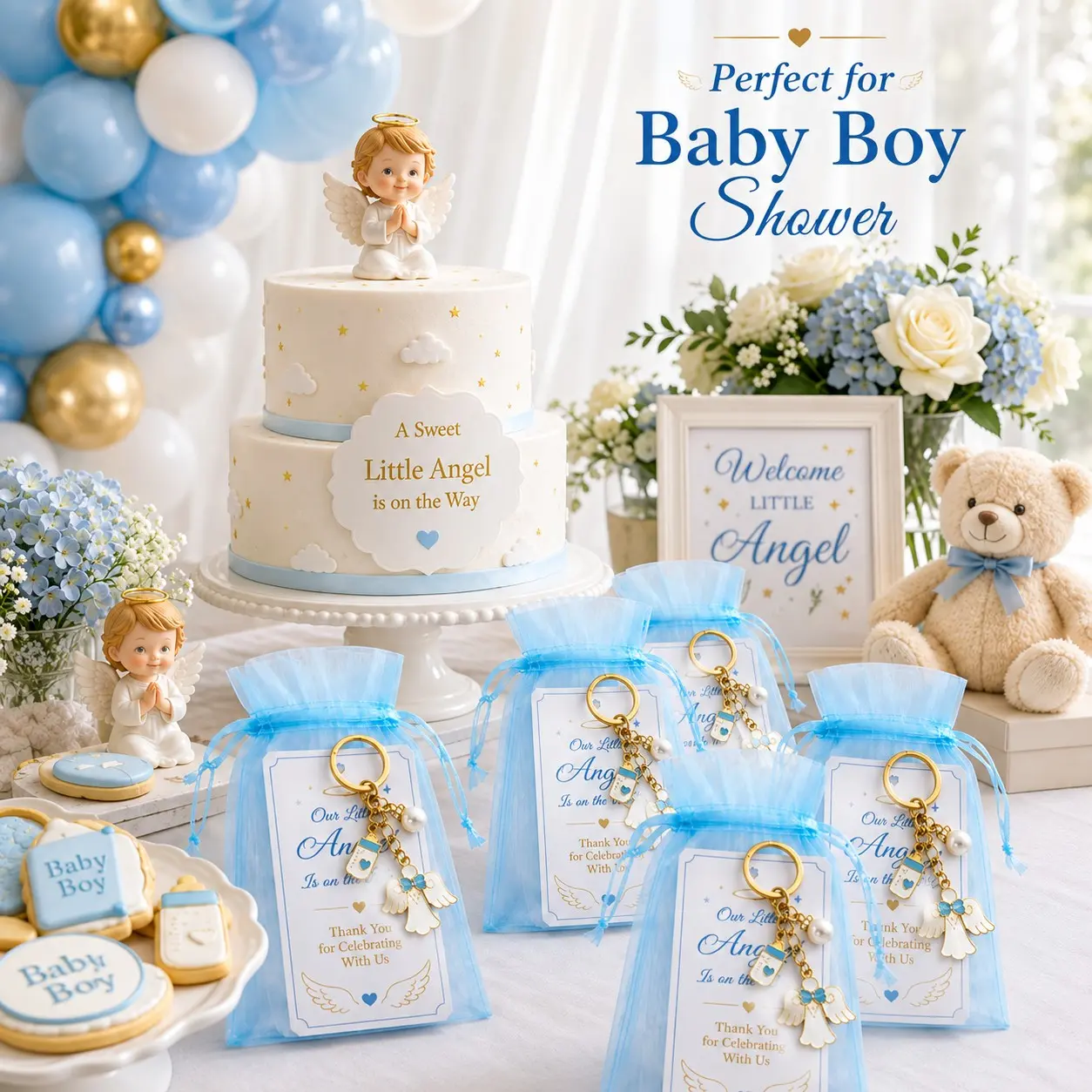 10/20 sets Baby Boy Angel Keychain Baby Shower Favors, with Blue Organza Bags and Thank You Cards, Baptism and Christening Favors, Gender Reveal Party Guest Gifts, Baby Shower Keepsakes