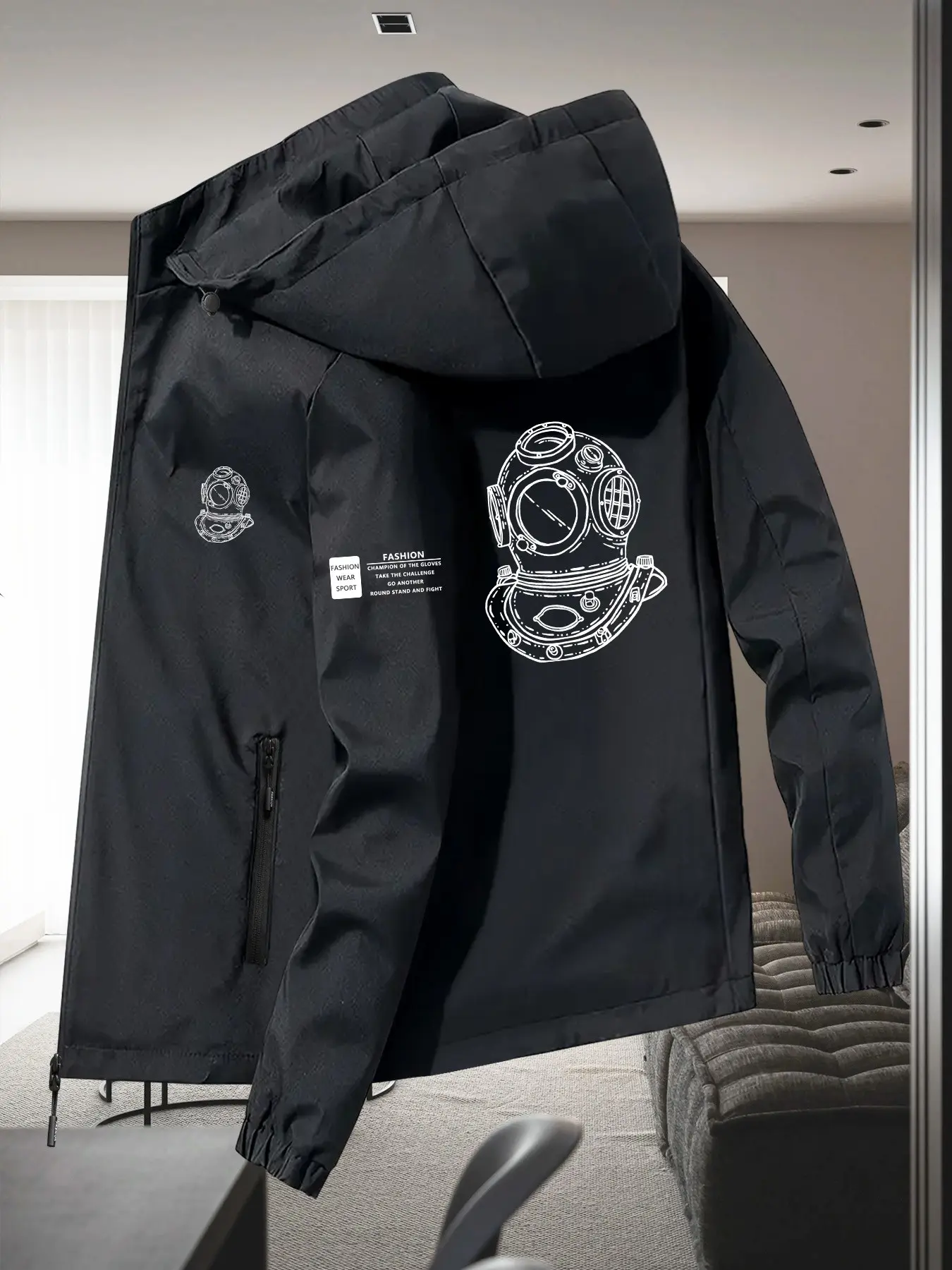 Vintage Diving Helmet Print Windproof Jacket, Perfect for Lightweight Outdoor Activities, Hiking, Camping, Daily Use