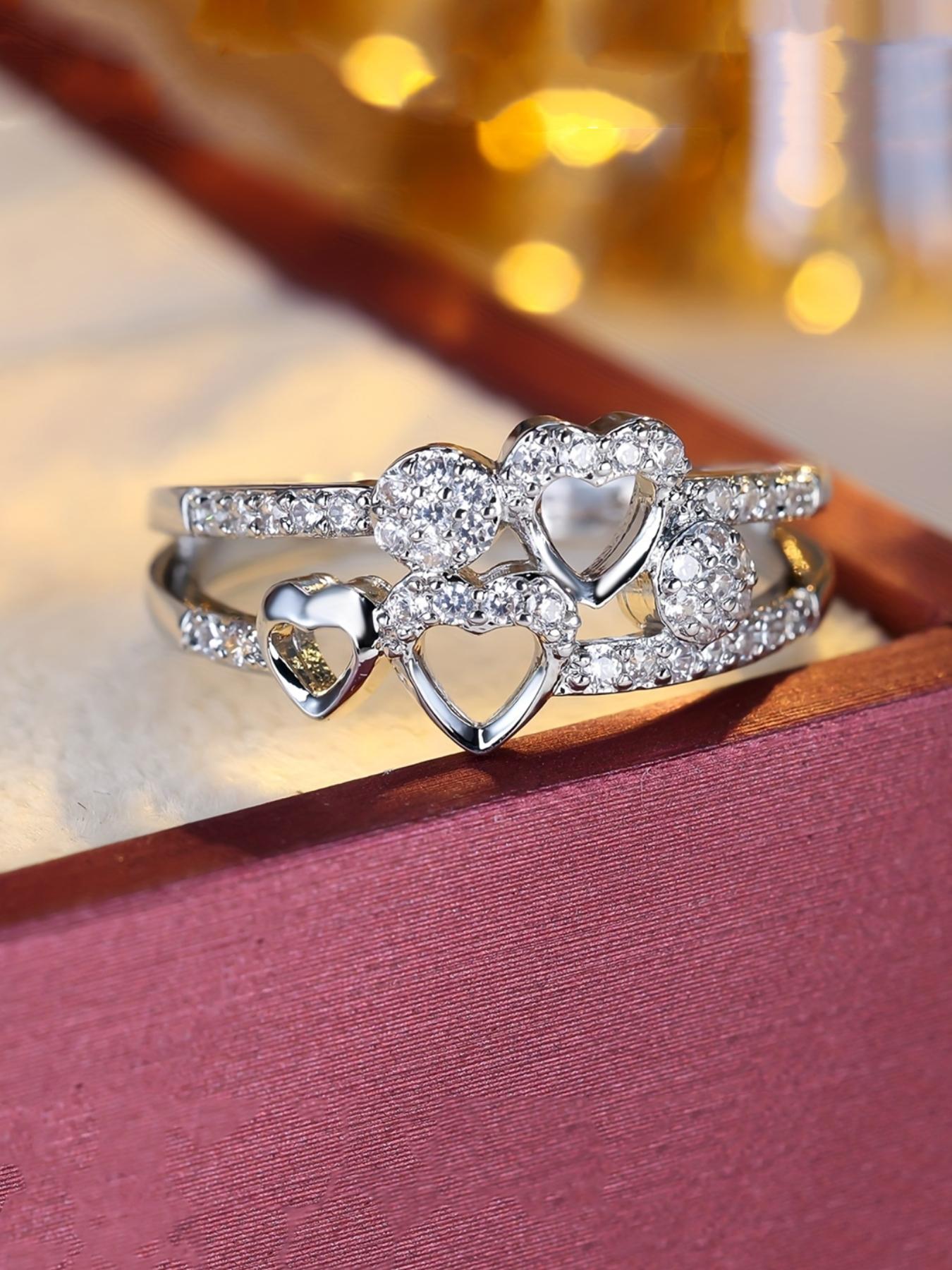 Women's Elegant Rhinestone Decorated Heart Design Ring, Trendy Jewellery Accessories, Exquisite Trendy Ring, Fashionable Jewelry for Women As Engagement & Wedding Anniversary Gift, Heart Shaped Ring