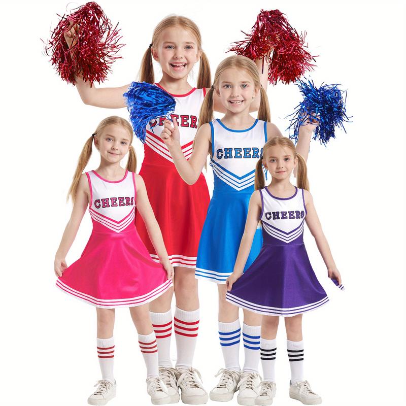 Plus Size Flyer Cheer Children'S Cheerleading Uniform Set, Kindergarten Girls' Cheerleading Uniforms, Stage Performance And Campus Cheerleading Uniforms, Including Socks And Pom-Poms, Ideal For Outdoor Activities