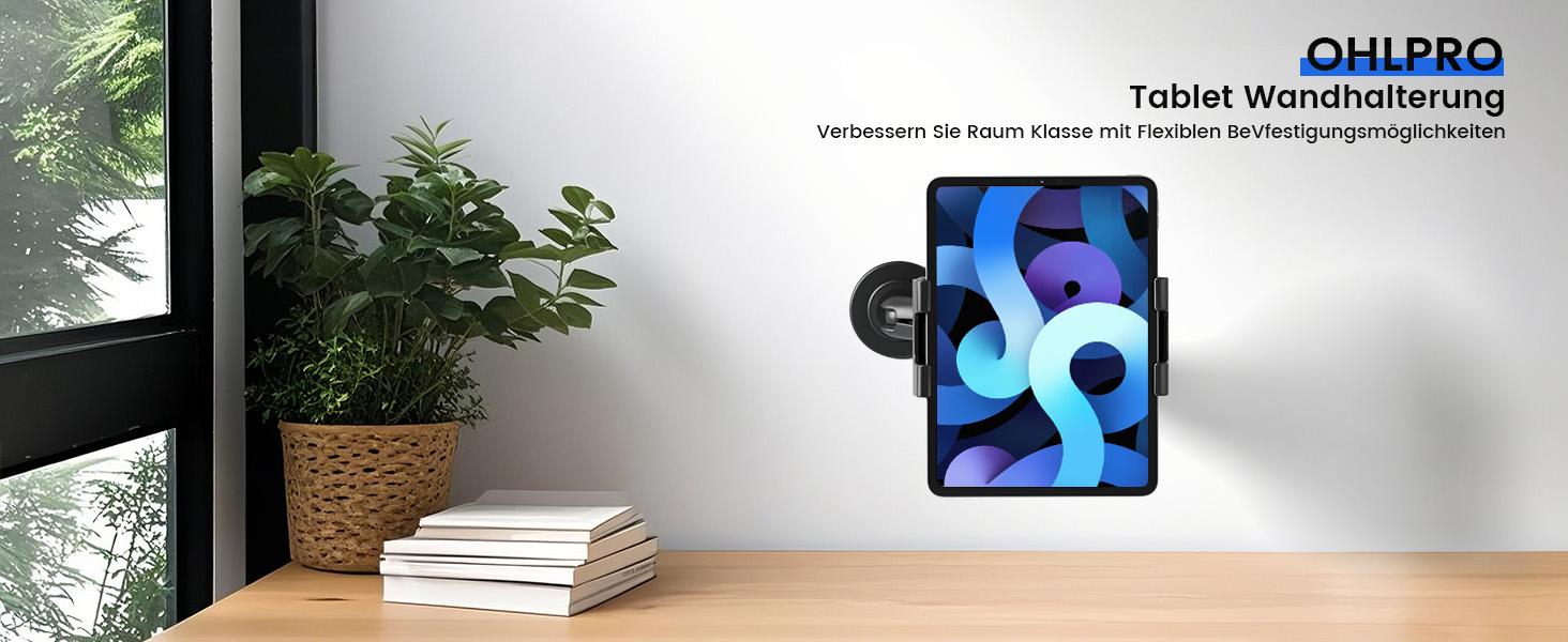 OHLPRO Tablet Wall Mount, iPad Holder Wall with Adhesive Base 360° Rotatable Tablet Holder No Drill Mobile Phone Wall Mount for 5-13 Inch iPad Galaxy Tab eReader Smartphone Universal Car Windscreen