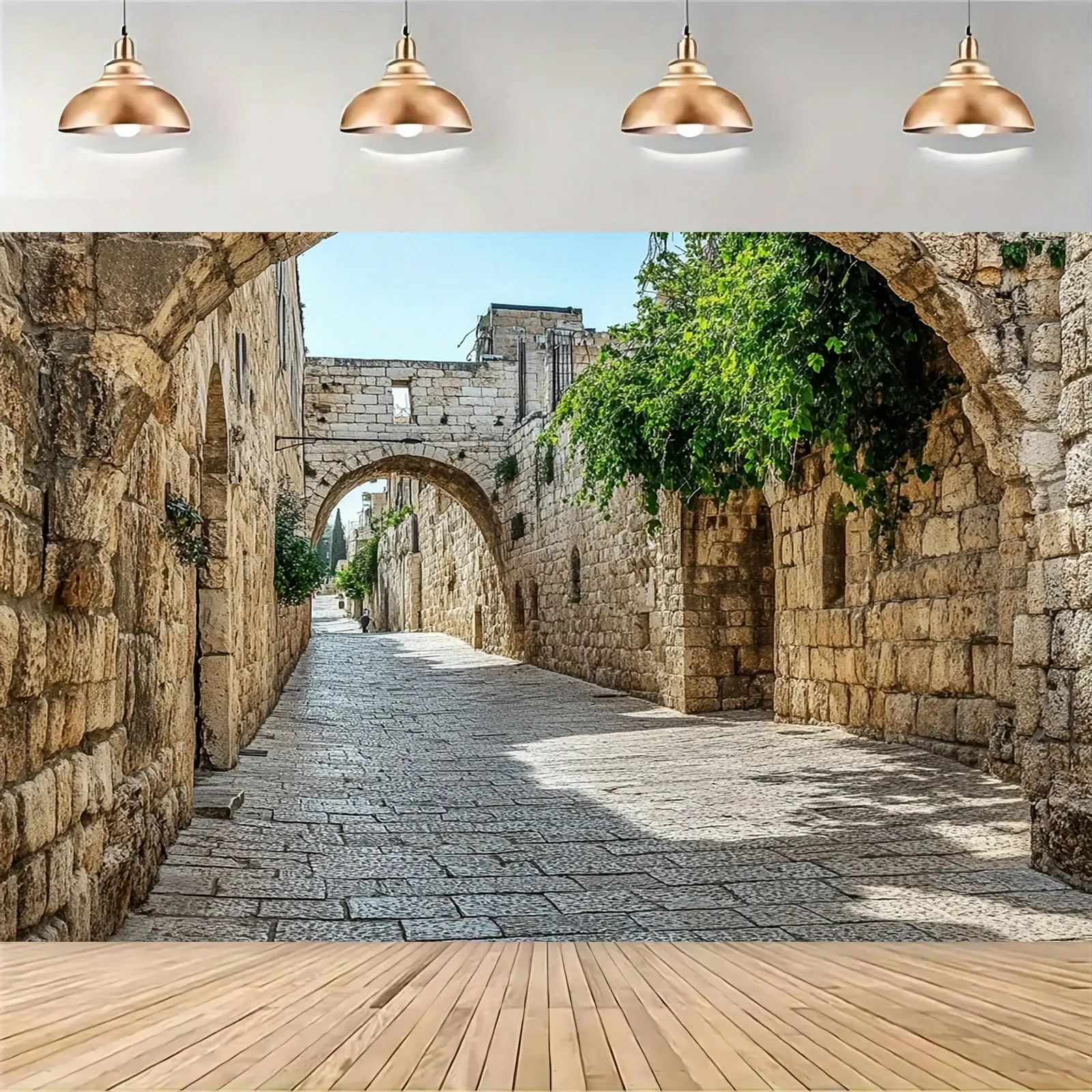 Historic Architecture Jerusalem Old City Street Print Tapestry Wall Hanging - Lightweight Polyester Fiber Home Decor Banner, Travel Photography Background for Wedding, Photo Booth, Cultural Event Display