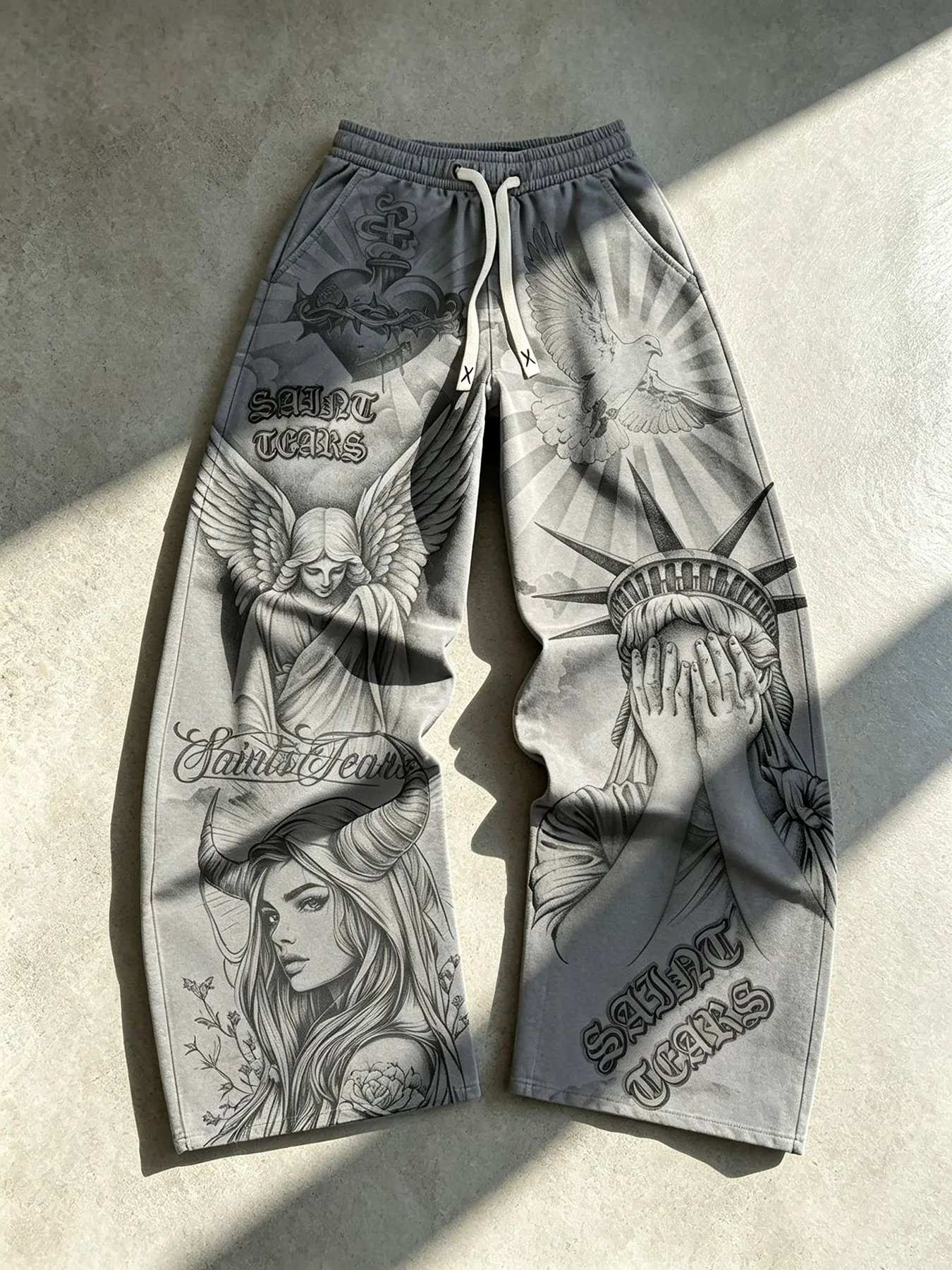 American Vintage Church Sketch Print Wide Leg Sweatpants, Angel Liberty Goddess Full Print, Drawstring Waist Loose Fit Long Pants