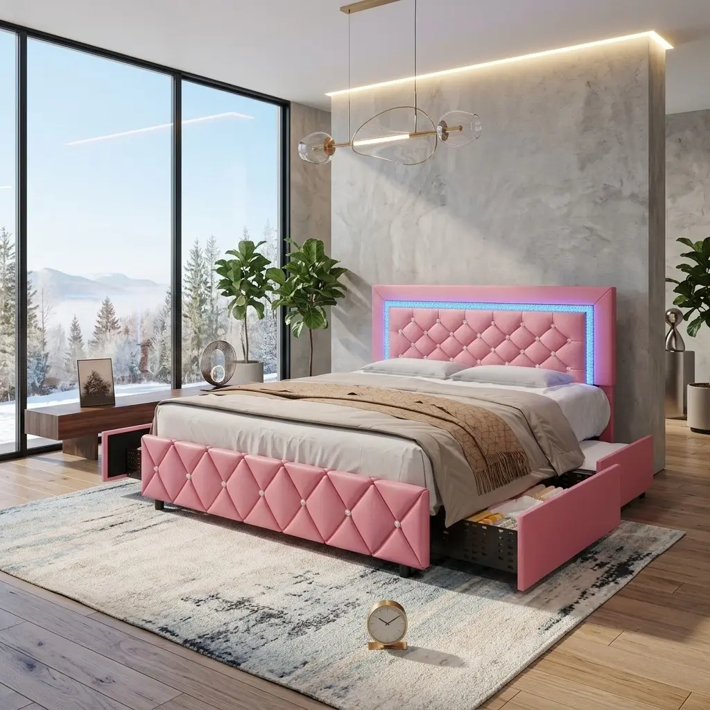 Twin Full Queen PU Upholstered Platform Bed Frame With Diamond Tufted Headboard Footboard, USB RGB LED Light & Rolling Storage Drawers, App Remote Control Wooden Slat Support No Box Spring Needed Anti-Shift Silent Bedroom Furniture Pink White Black Purple