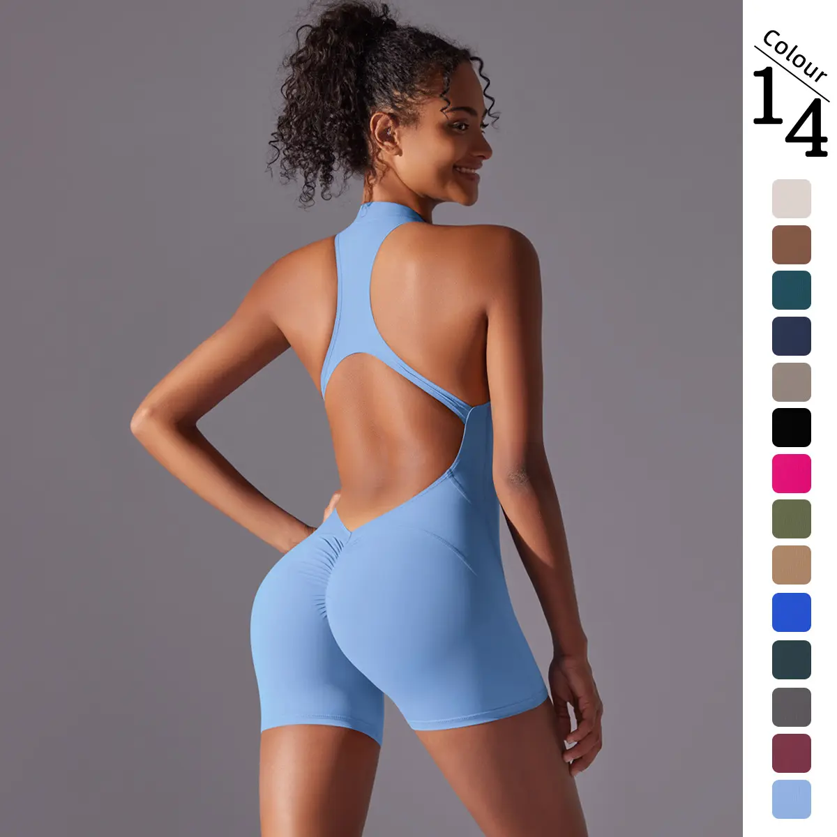 Women's Fitted 1-Piece Sporty Bodysuit - High Neck, Racerback, Zip Front, Backless, with Shorts, Swimsuit for Gym, Running Athletic Training, Fitted Swimwear