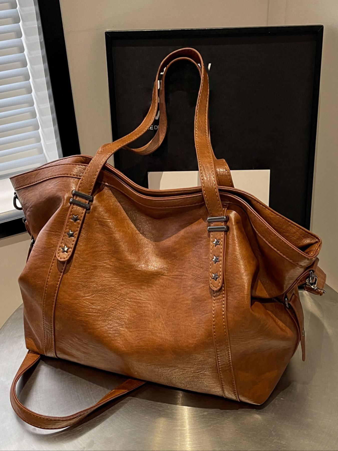 Women's Elegant Solid Color Tote Bag, Fashionable Large Capacity Star Detail Shoulder Bag for Daily Used, Casual Trendy Versatile Commuter Messenger Bag, Pu Tote Satchel