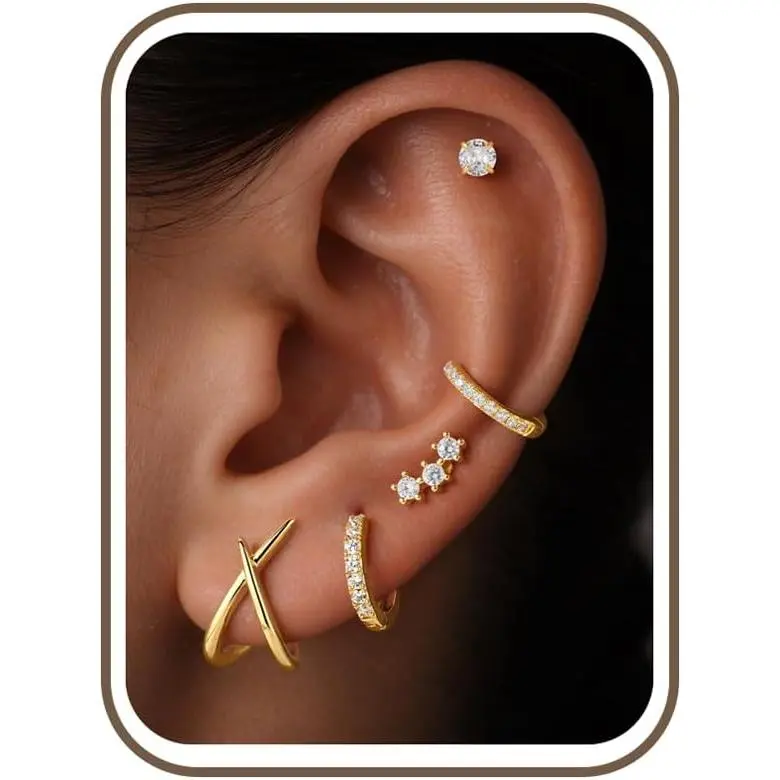 X Stud Hoop Earring Stacks for Women | 14K  Plated,  X Stud Earring Stack, Flat  Stud Earrings Set, Multiple  Cartilage  Gifts