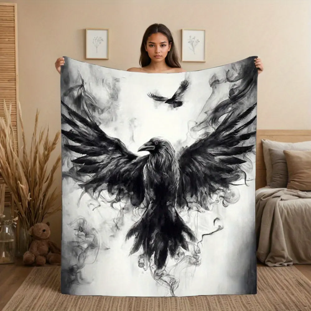 1pc Gothic Raven Wings Throw Blanket - Soft Flannel All-Season Cozy Bedspread, Black & Raven Design with Raven & Bat Print - Heavyweight 300gsm for Couch, Bed