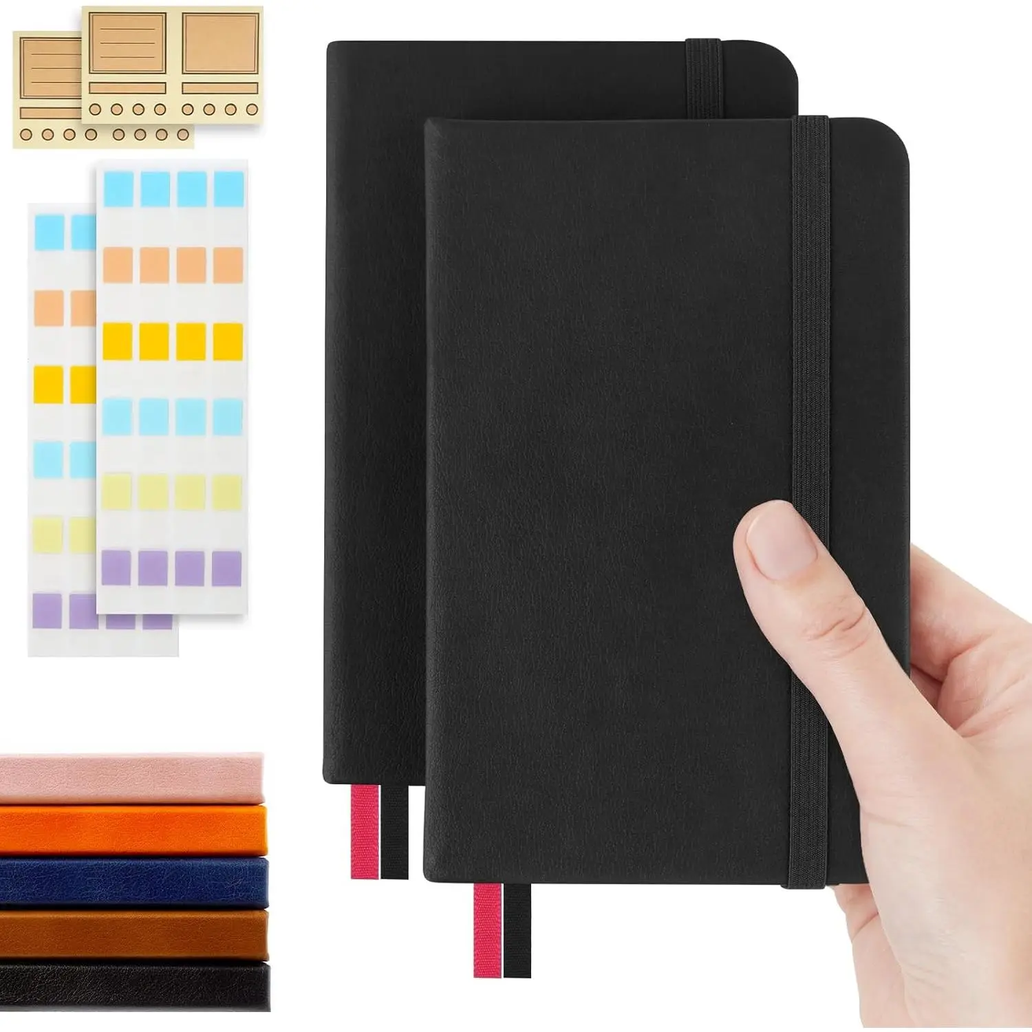 Pocket Dotted Notebook, 2-Pack Dot Grid Notebook, Dotted Journal with Stickers, 3.5" x 5.5" Hardcover, Small Mini A6 size, 160 Pages, 100 gsm Thick Paper, Black