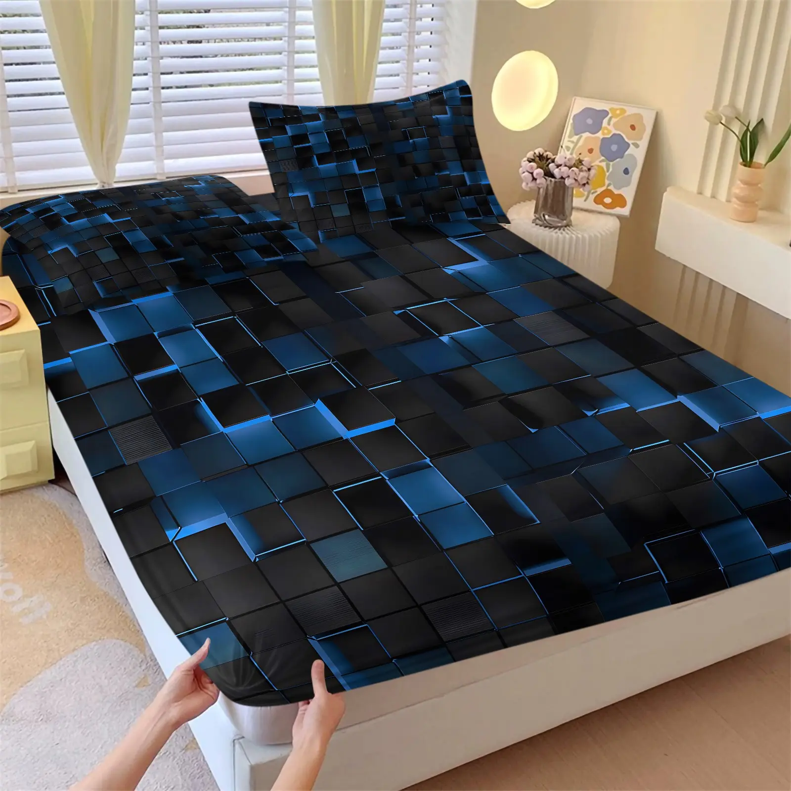3D Blue Black Geometric Cube Optical Illusion Fitted Sheet Set, 1 Fitted Sheet + 2 Pillowcases, Deep Pocket Non-Slip Mattress Protector, Soft Breathable All Season Bedding, Modern Tech Stereo Square Print For Men Gaming Bedroom Decor