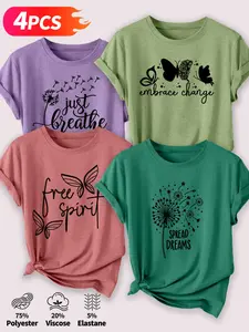 4PCS Women Crew Neck Tee, Dandelion & Butterfly Slogan Print, multi-color, washable, soft casual summer top