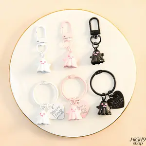 5PCS Cute Edgy Ghost Heart Keychain Charms, Pink & Black Plastic Resin Door Buckle Clasp Ornaments With Epoxy Finish