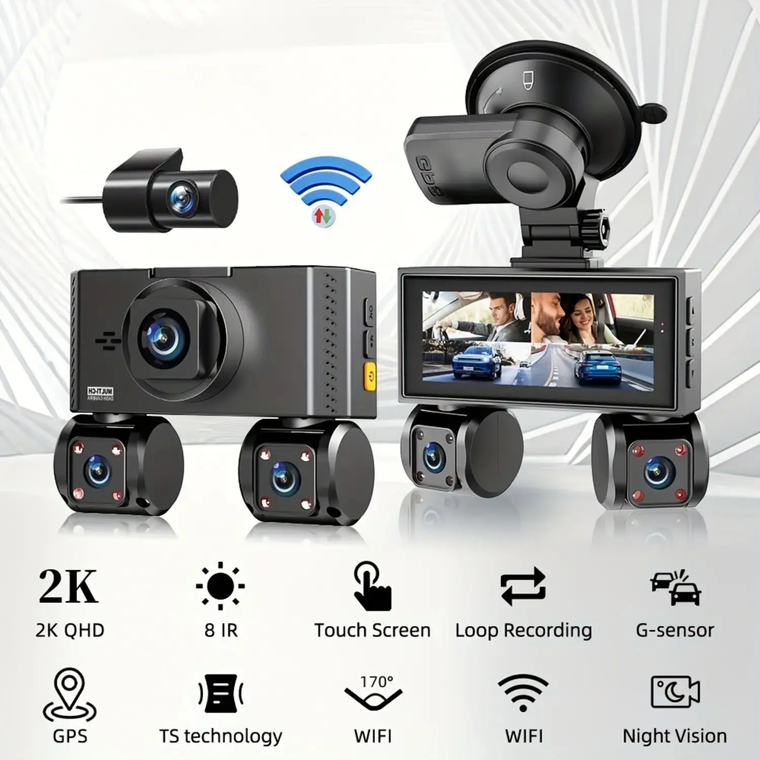 4 Channel Dash Cam for Cars 2K Front Plus 1080P Rear Left Right Recording WiFi GPS 360 Rotating Camera 170 Degree Wide Angle Super Night Vision G-Sensor Loop Recording Parking Monitor Free 64GB SD Card Included