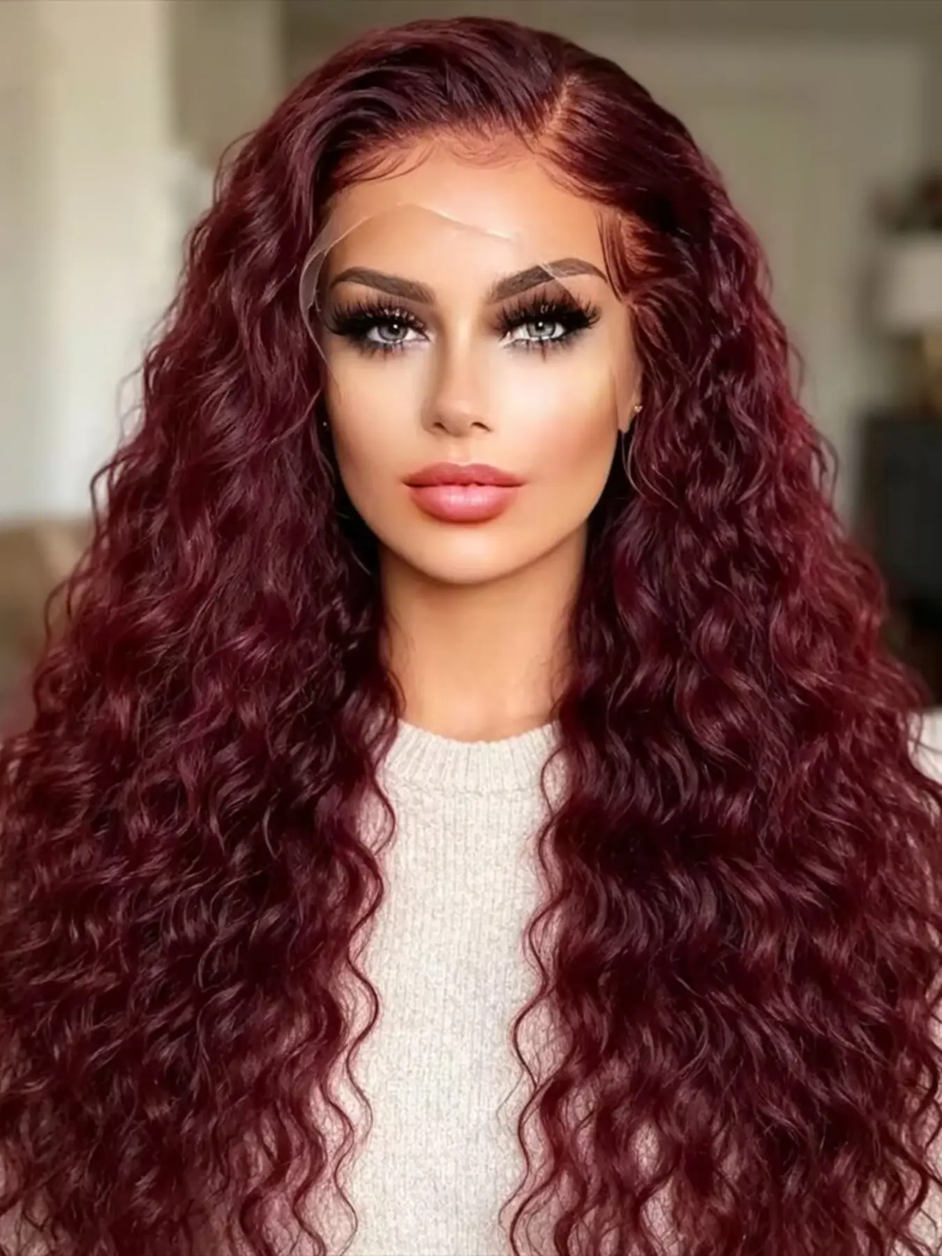 Natural Volume 28-Inch 180% Density Curly Lace Front Wig, Pre-Plucked Bordeaux Color, Daily Use, All Seasons