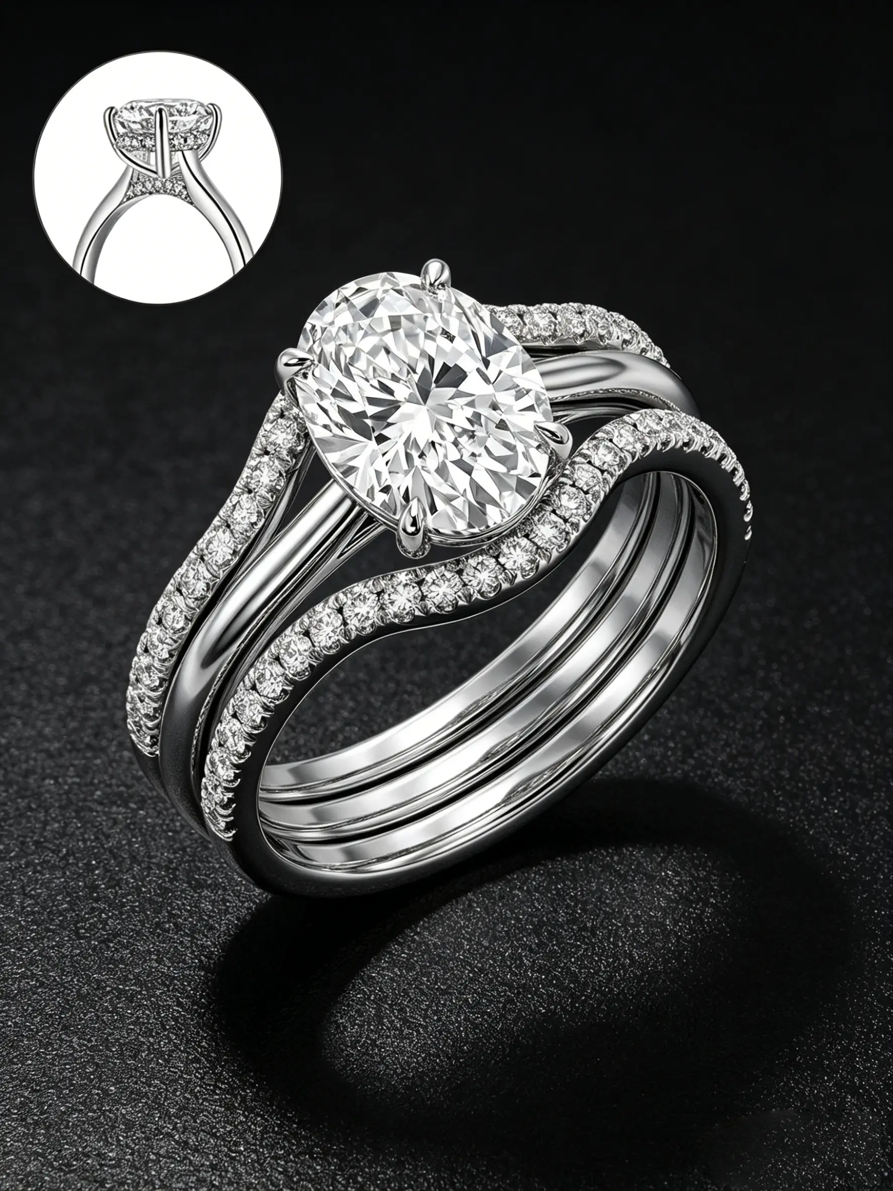 3Pcs Bridal Stackable Ring Set Oval Cut Cubic Zirconia Twisted Split Shank Pave Crystal Wedding Band Engagement Promise Rings For Women Anniversary Party Gift