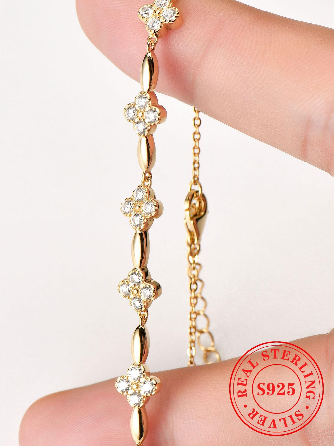 S925 Sterling Silver Flower Design Lobster Closure Bracelet, High Quality Bracelet, Fashionable Synthetic Moissanite Decorated Bracelet for Women & Girls, Trendy All-match & Exquisite Jewelry for Birthday Gift