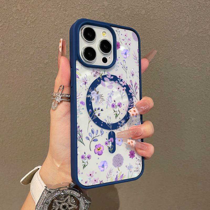 Magnetic Silicone Case for iPhone 17 16 15 14 13 12 11 Pro Max Plus XS XR Purple Floral Aesthetic Shockproof Lightweight Girly Scratch Resistant Protection