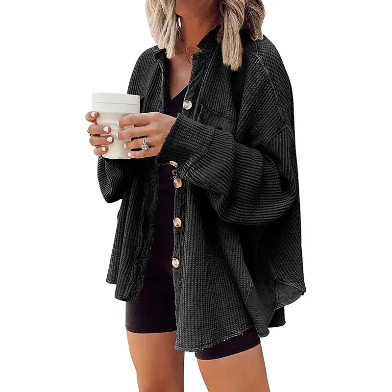 Women's Oversized Waffle Knit Batwing Sleeve Button-Down Shacket with Frayed Hem - Chic Jacket for Casual Outfits, Matching Suit Bottoms, Clothes, Long Sleeve, Outdoor, Knitwear, Tops, Lady, Lightweight, Piece, Longsleeves, Basic, Shirt, Loose, Solid, Boy