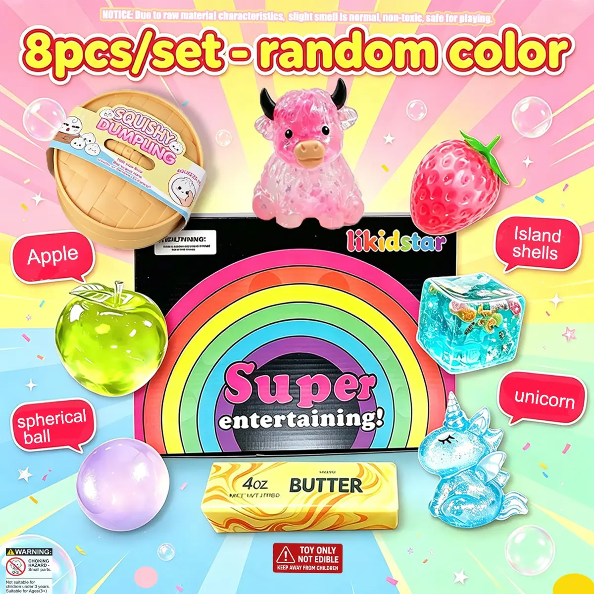 8pcs/set Rainbow Gift Box Party Animal Soft Candy Toy Set, Soft Transparent Solid Squeezed Toys, Surprise Random Color Children's Party Gifts, Various Styles, Relieve Stress Children's Office Desk Decoration