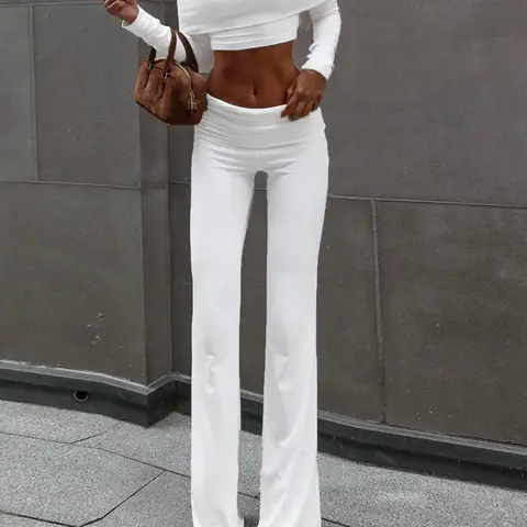 Women's Fall Winter Sexy One-Shoulder Long Sleeve Slim Fit Short Top and Pants Set, Chic Fashion Solid Color Two-Piece
