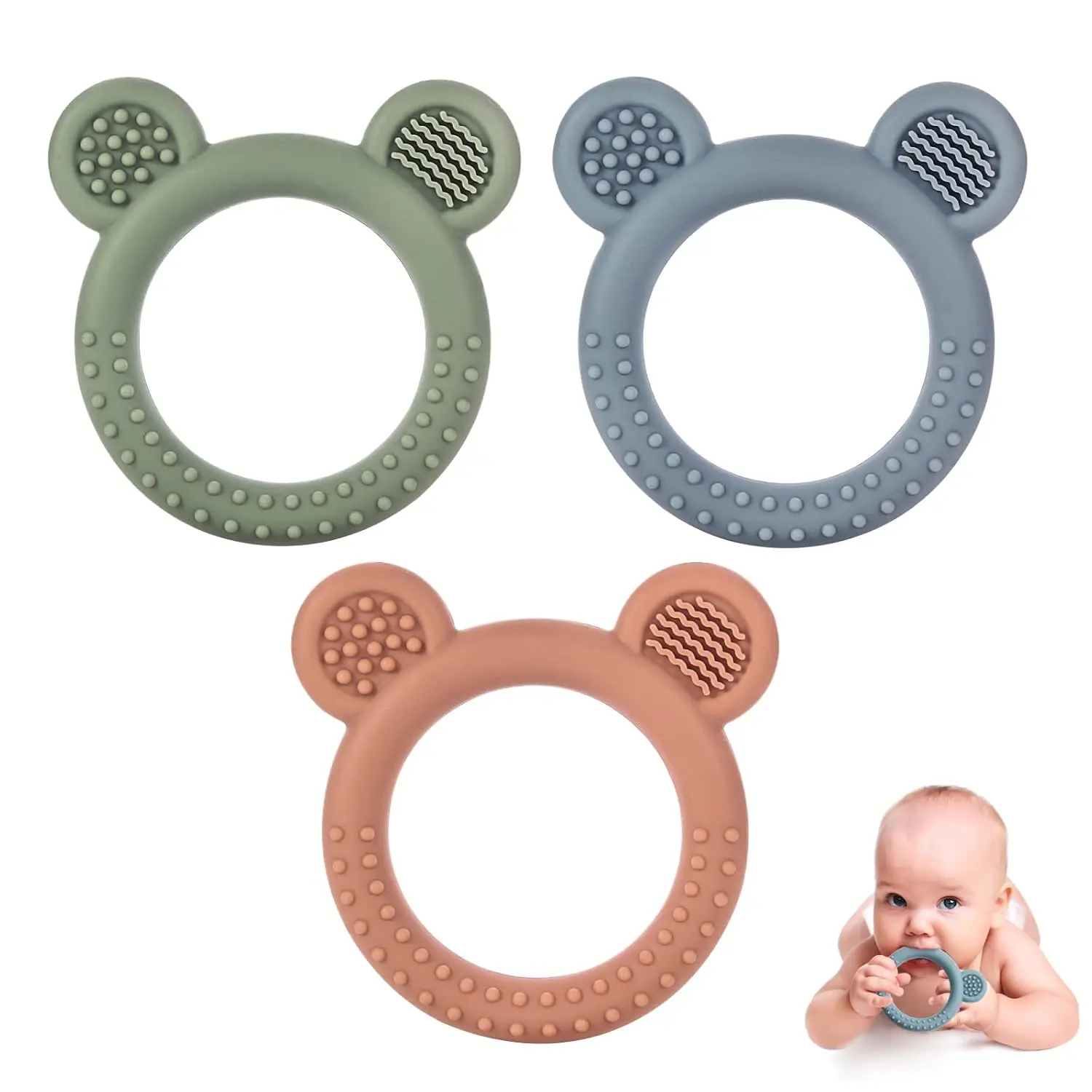 Baby Teething Toys Set of 3, Teethers  Babies 3-6 6-12 Months, BPA Free Soft and Textured Bear Teething Rings Silicone Teething Relief Soothing Sore Gums Baby Chew Toys