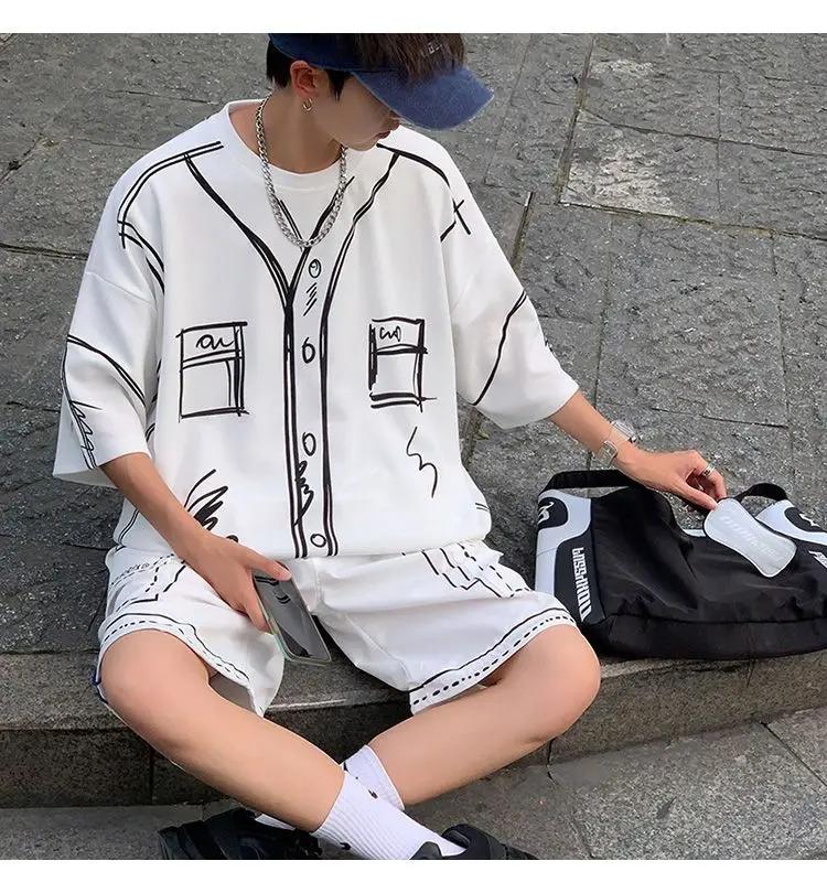 Summer Elegant Fashion Harajuku Slim Fit Ropa Hombre Loose Casual All Match Sports Suit Ice Shreds Short Sleeve Two Piece Set