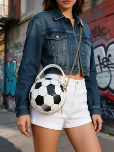 Women Sporty Mini Round Purse Black White Hexagon Football Print Top Handle Chain Crossbody Bag Casual Daily Handbag Match Day Street Fashion Accessory
