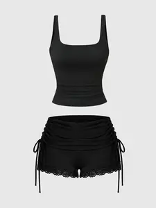 Women's Solid Color Square Neck Halter Top and Mini Shorts Set, Lace Tie Design, Summer Sexy Two-Piece, Fashion Casual Daily Wear