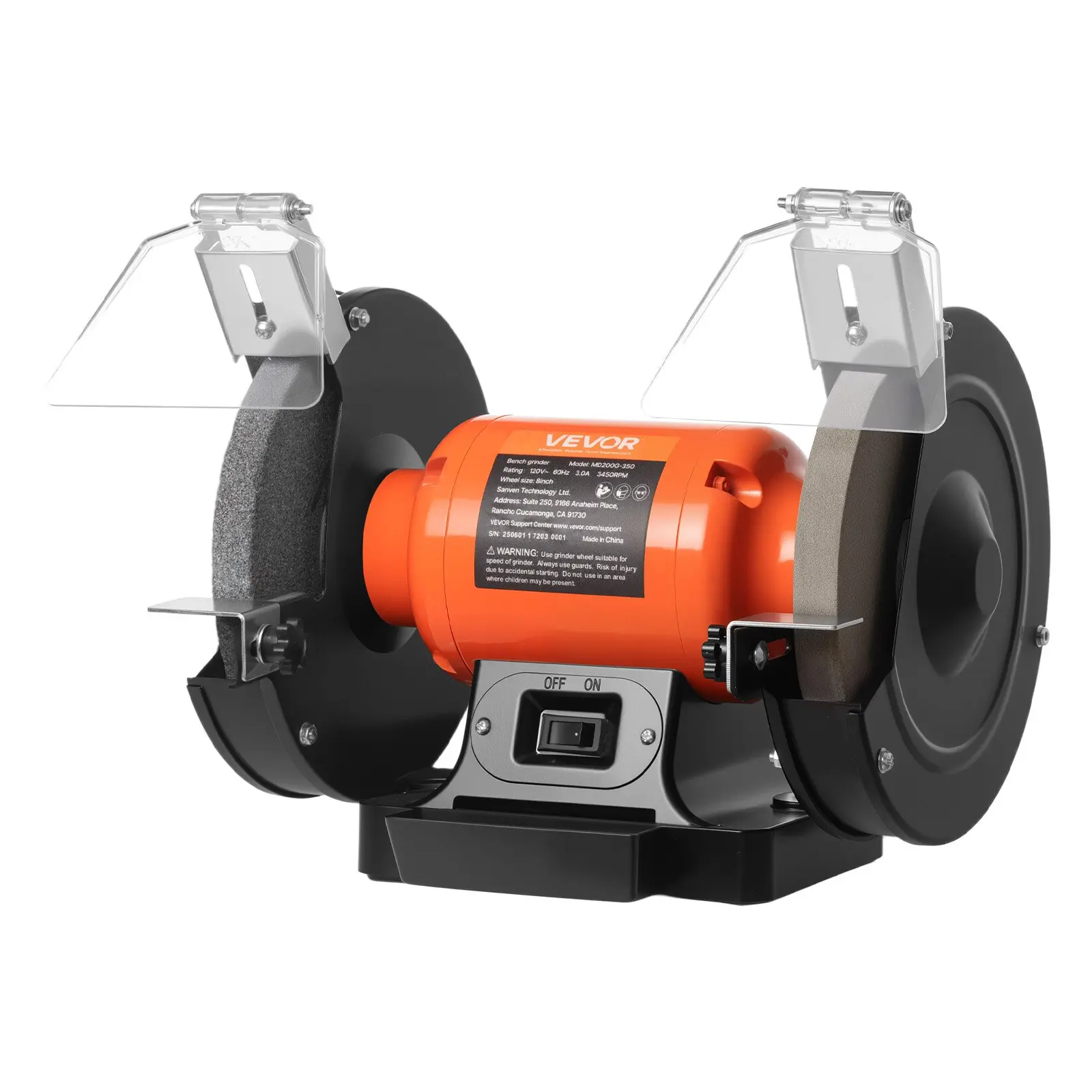 【Summerfinds】VEVOR 8-inch Single Speed Bench Grinder (MD200G-350), 3450RPM 350W 3.0A Induction Motor, 36/60-Grit Grinding Wheel, Adjustable Eye Shield, Steel Body, 15.8x9.8x11.8in, 24.3lbs/11kg, AC120V 60Hz for Fast Sharpening
