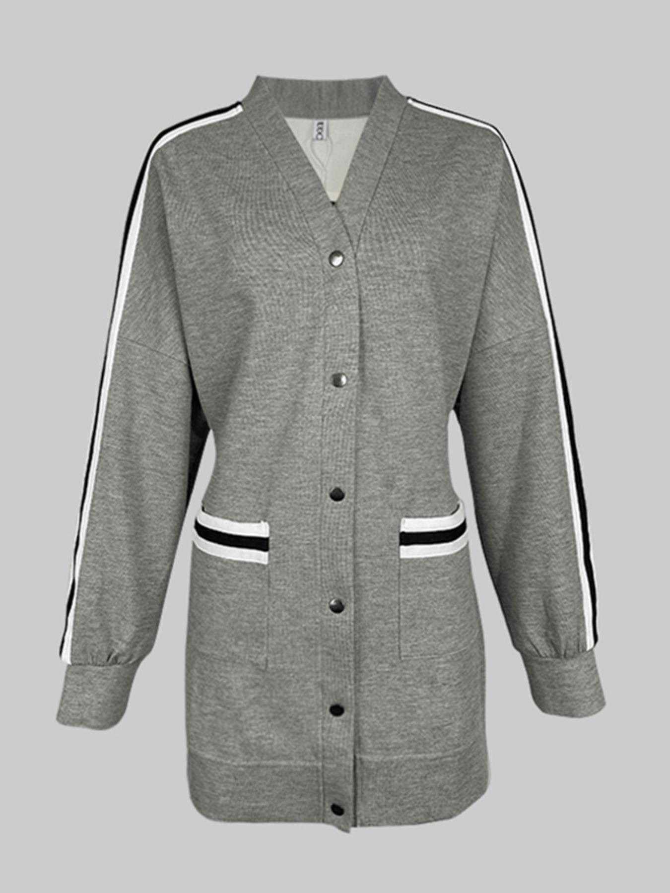 Women's Loose-Fit Striped Woven Jacket,  Long Sleeve Coat, Fall & Winter Fashion Outerwear for Women Womenswear