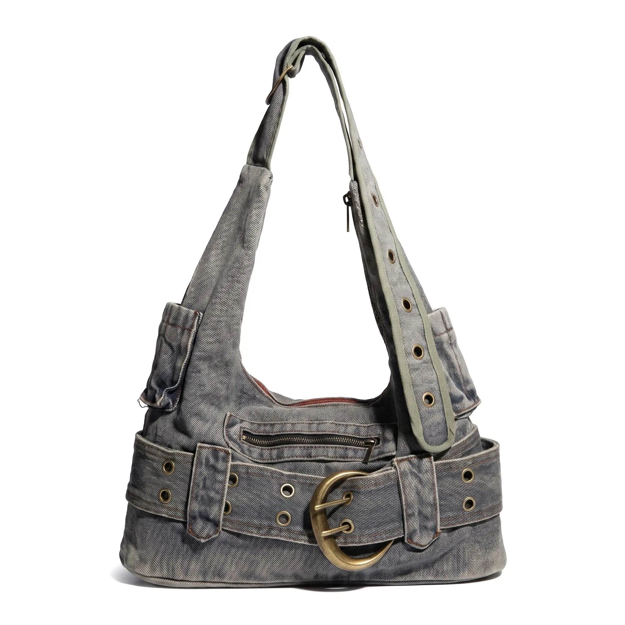 Vintage Denim Crossbody Bag For Women Y2K Washed Silver Gray Sequins Stitching Patchwork Street Style Casual Underarm Bag Medium Size Zipper Closure