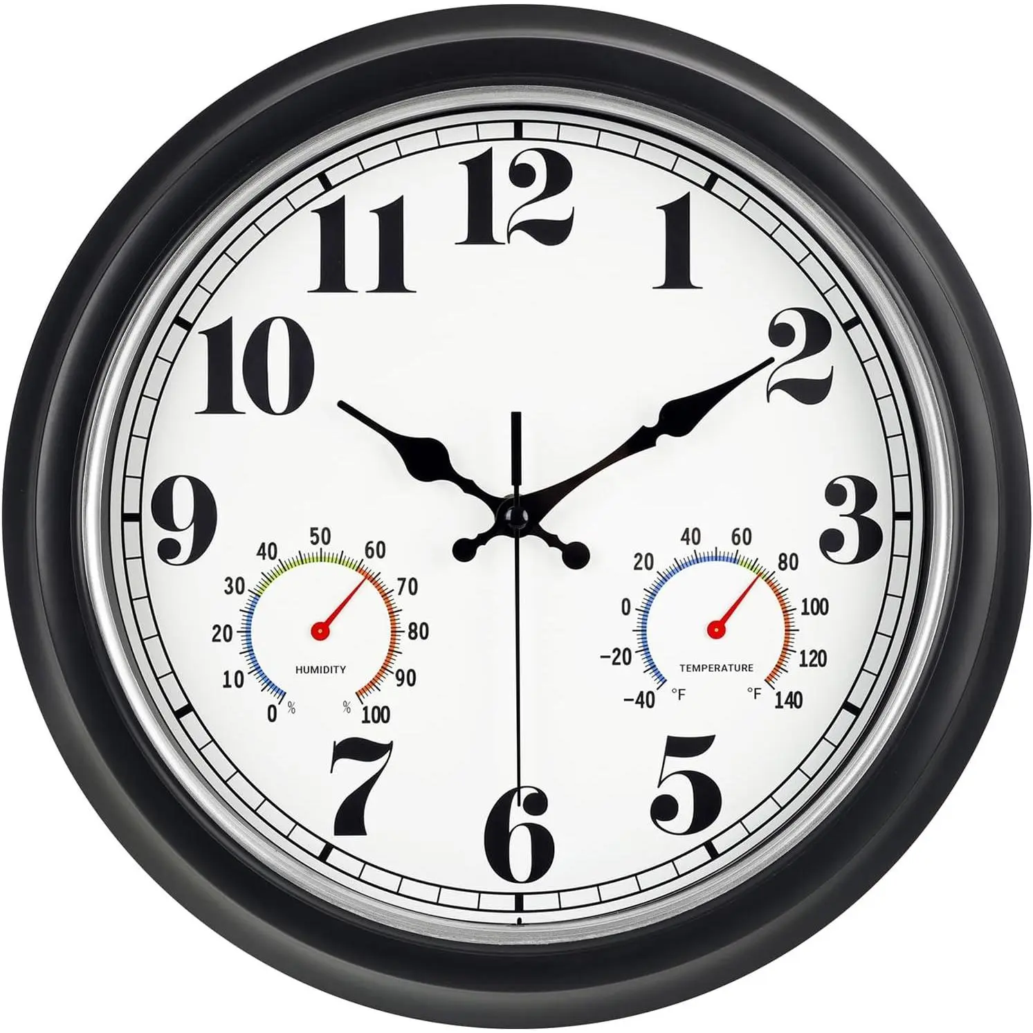 Black Frame with Silver Trim 13-in Vintage Outdoor Wall Clock with Thermometer, Hygrometer, Waterproof, Large Numbers, Silent, Home Decor for Indoor Porch, Garden Use