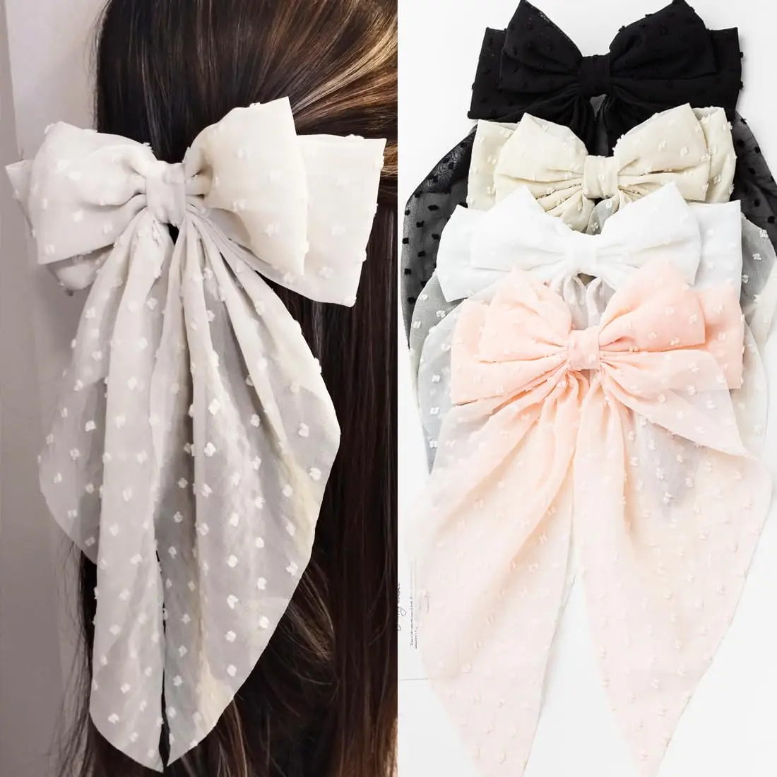 Large Hair Bows 4 PCS - Cute Oversized Ribbon Bows  Women in Beige, Light Pink, White, Black - Hair Barrettes  Different Occasions