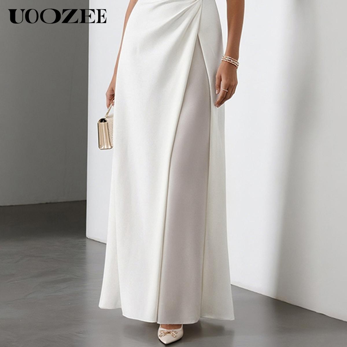 UOOZEE Women 2025 Summer/Spring Rayon Pleated Slightly Stretch & Sheer White A-Line Dress 2025 New Fashion Sleeveless Solid Color Split-Joint Round-Neck Elegant Evening Maxi Dresses - (Sizing Runs Small - Check Size Guide or Order Larger) Fit